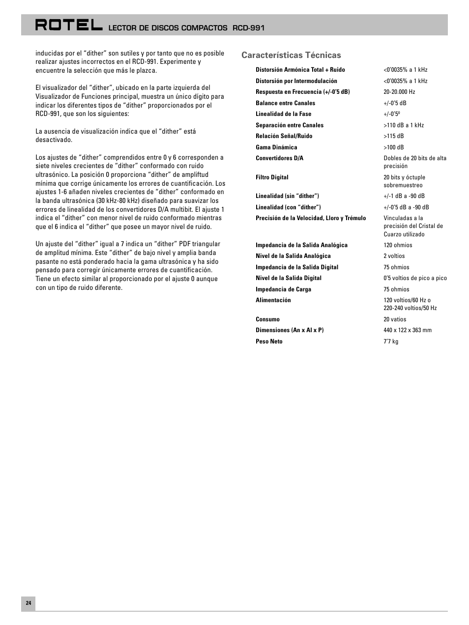 Características técnicas | ROTEL RCD-991 User Manual | Page 28 / 30