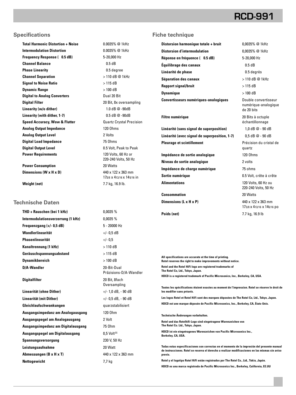 Rcd-991, Fiche technique, Specifications | Technische daten | ROTEL RCD-991 User Manual | Page 29 / 30