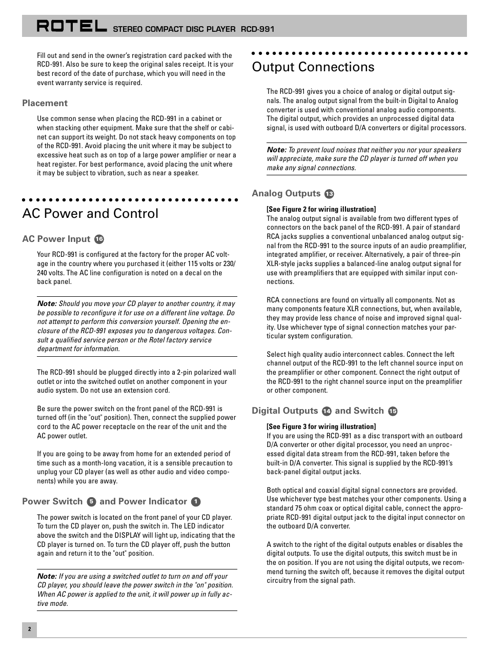 Ac power and control, Output connections | ROTEL RCD-991 User Manual | Page 6 / 30