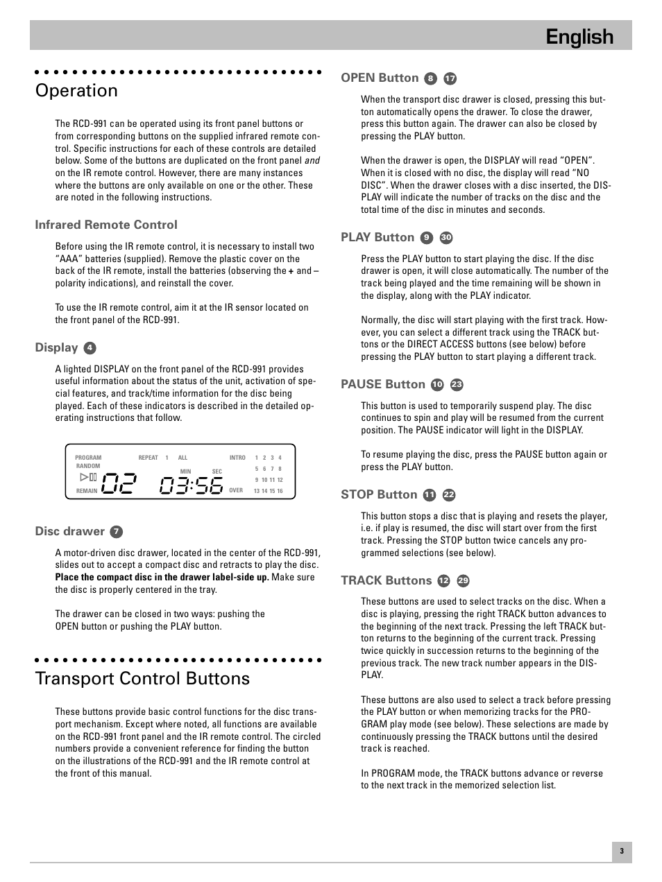 English, Operation, Transport control buttons | Infrared remote control, Display, Disc drawer, Open button, Play button, Pause button, Stop button | ROTEL RCD-991 User Manual | Page 7 / 30