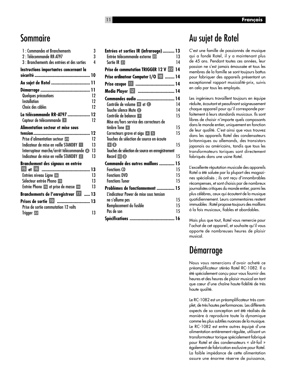 Au sujet de rotel, Démarrage, Sommaire | ROTEL RC-1082 User Manual | Page 11 / 55