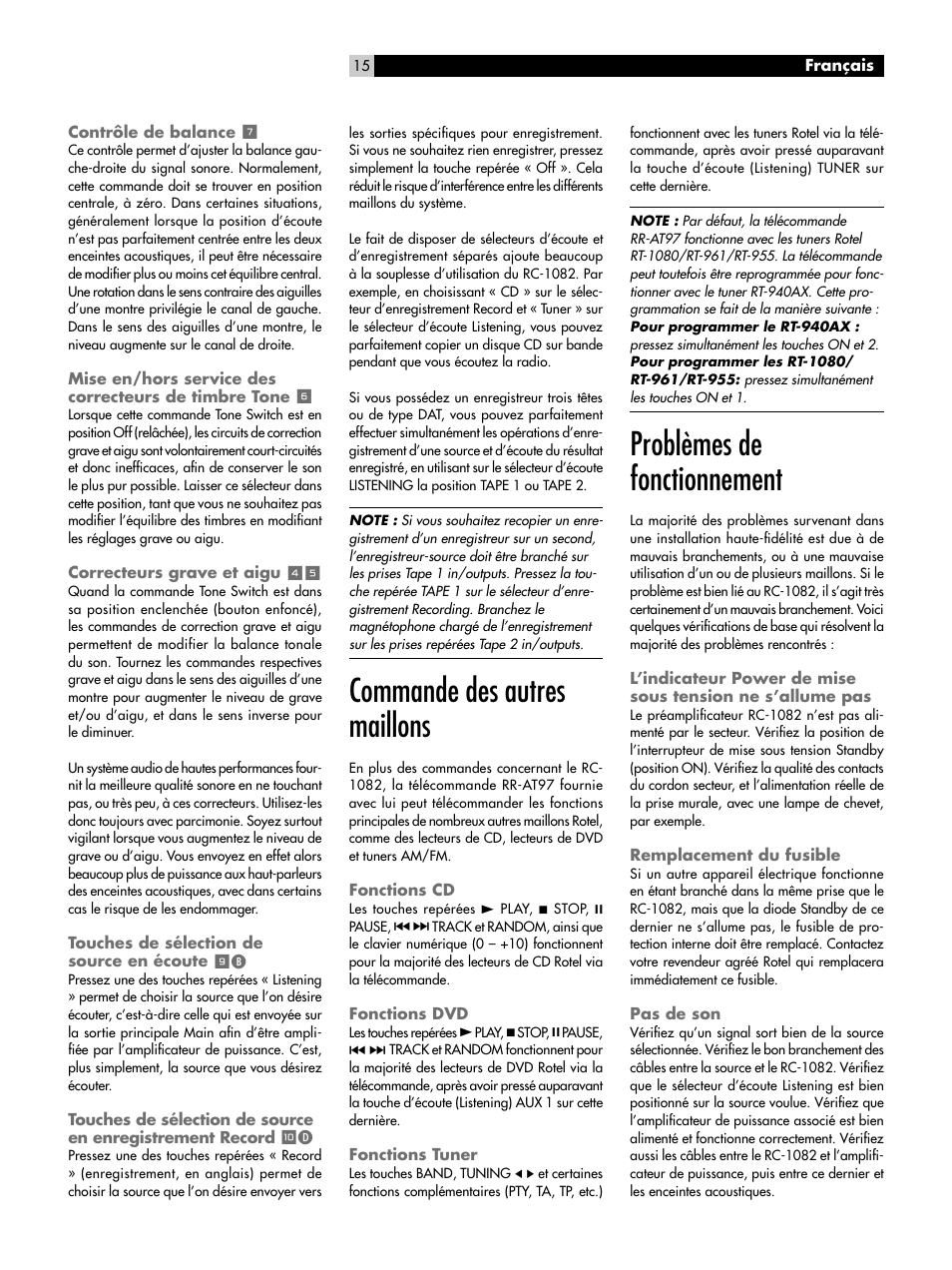 Contrôle de balance 7, Correcteurs grave et aigu 45, Touches de sélection de source en écoute 9b | Commande des autres maillons, Fonctions cd, Fonctions dvd, Fonctions tuner, Problèmes de fonctionnement, Remplacement du fusible, Pas de son | ROTEL RC-1082 User Manual | Page 15 / 55