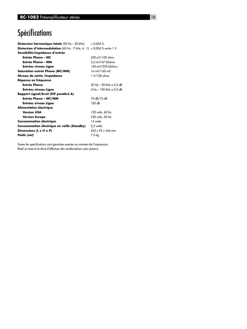 Spécifications, Spéciﬁcations, Rc-1082 préampliﬁcateur stéréo | ROTEL RC-1082 User Manual | Page 16 / 55