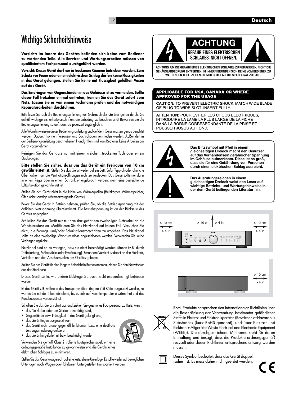 Wichtige sicherheitshinweise, Achtung, Gefahr eines elektrischen schlages. nicht öffnen | ROTEL RC-1082 User Manual | Page 17 / 55