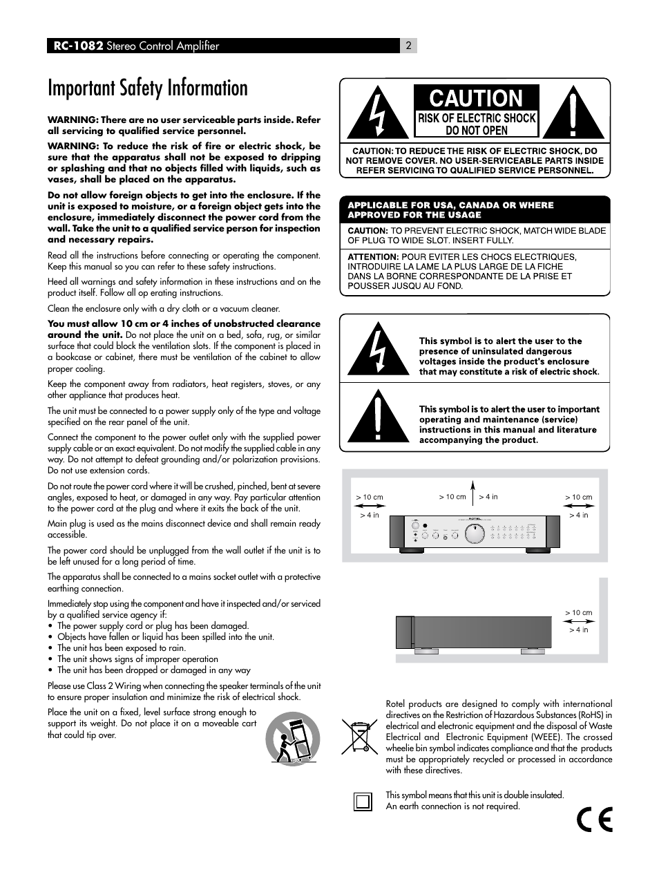 Important safety information | ROTEL RC-1082 User Manual | Page 2 / 55