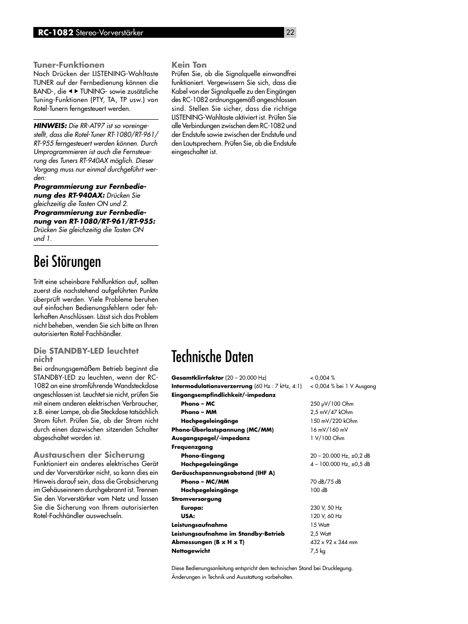 Tuner-funktionen, Bei störungen, Die standby-led leuchtet nicht | Austauschen der sicherung, Kein ton, Technische daten | ROTEL RC-1082 User Manual | Page 22 / 55