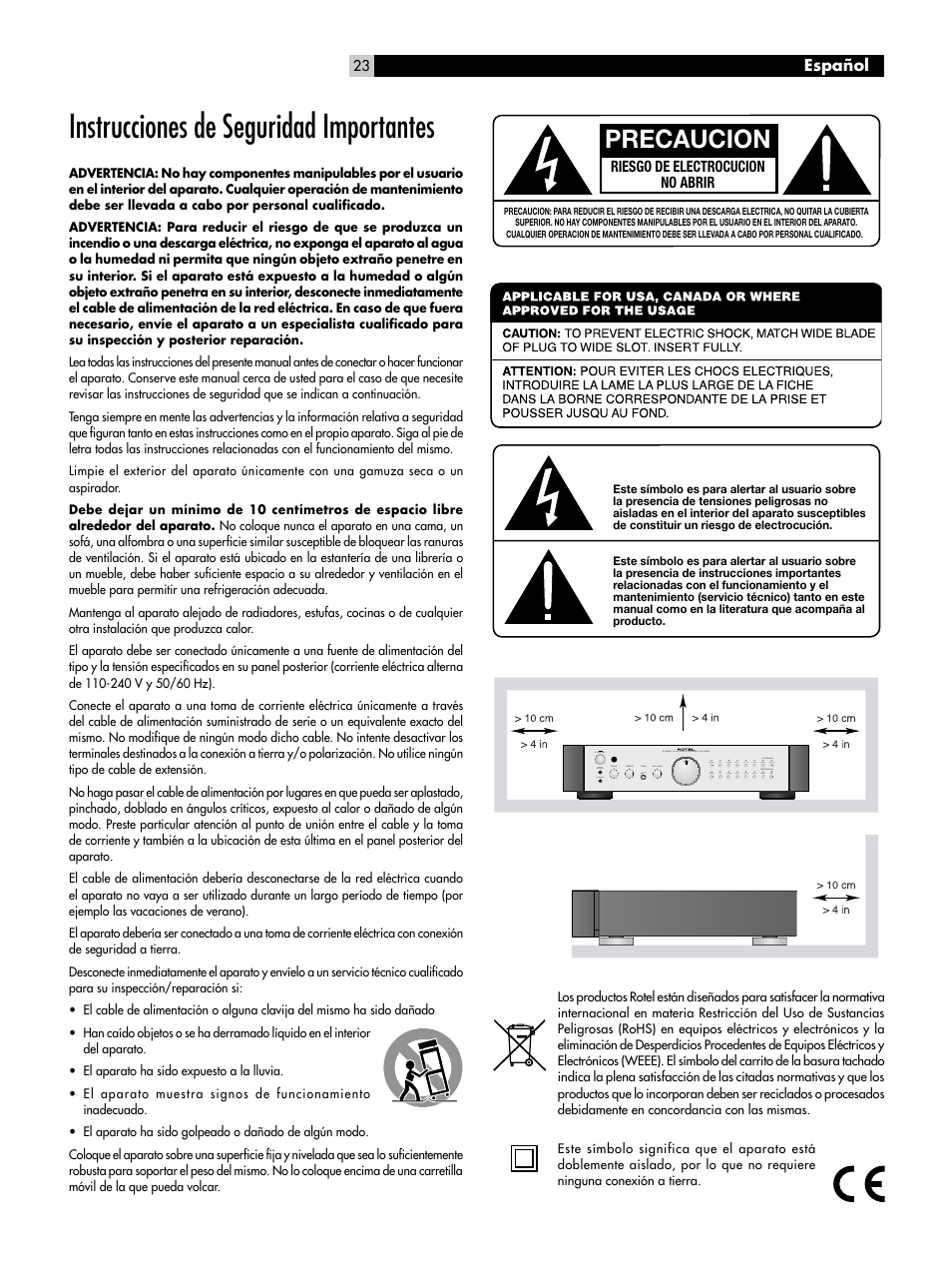 Instrucciones de seguridad importantes, Precaucion | ROTEL RC-1082 User Manual | Page 23 / 55