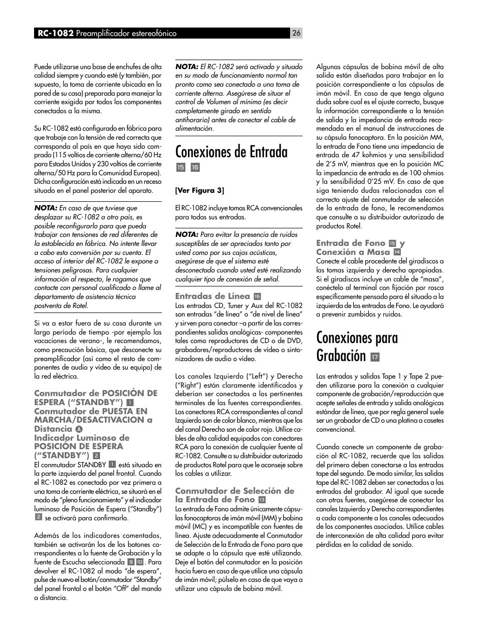 Conmutador de posición de espera (“standby”) 1, Conexiones de entrada e r, Entradas de línea r | Conmutador de selección de la entrada de fono q, Entrada de fono e y conexión a masa w, Conexiones para grabación t, Conmutador de posición de espera, Standby”), Conmutador de puesta en marcha, Desactivacion a distancia | ROTEL RC-1082 User Manual | Page 26 / 55