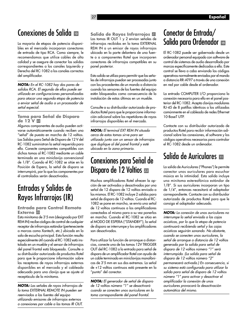 Conexiones de salida u, Toma para señal de disparo de 12 v p, Entradas y salidas de rayos infrarrojos (ir) | Entrada para control remoto externo i, Salida de rayos infrarrojos o, Conexiones para señal de disparo de 12 voltios p, Conector de entrada/salida para ordenador y, Salida de auriculares, Conexiones de salida, Toma para señal de disparo de 12 v | ROTEL RC-1082 User Manual | Page 27 / 55