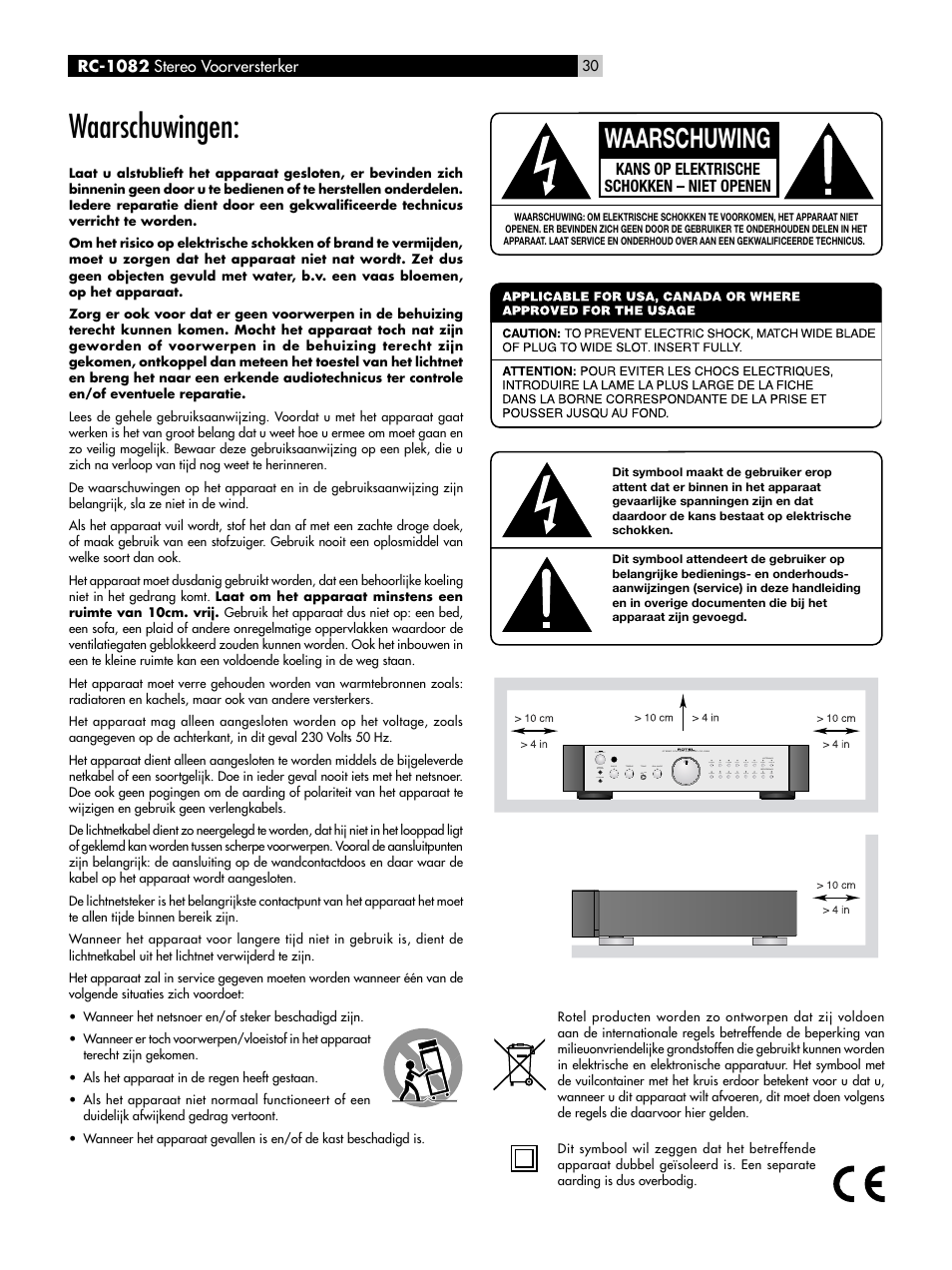 Waarschuwingen, Waarschuwing | ROTEL RC-1082 User Manual | Page 30 / 55