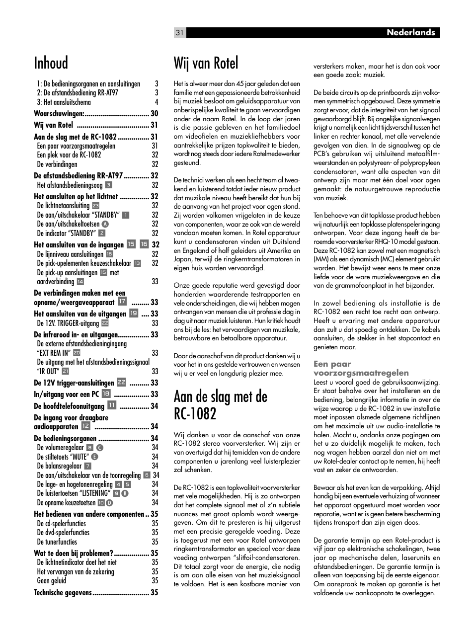 Wij van rotel, Aan de slag met de rc-1082, Een paar voorzorgsmaatregelen | Inhoud | ROTEL RC-1082 User Manual | Page 31 / 55