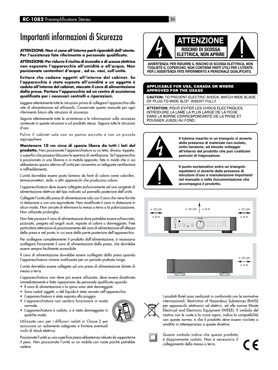 Importanti informazioni di sicurezza, Attenzione, Rischio di scossa elettrica, non aprire | ROTEL RC-1082 User Manual | Page 36 / 55