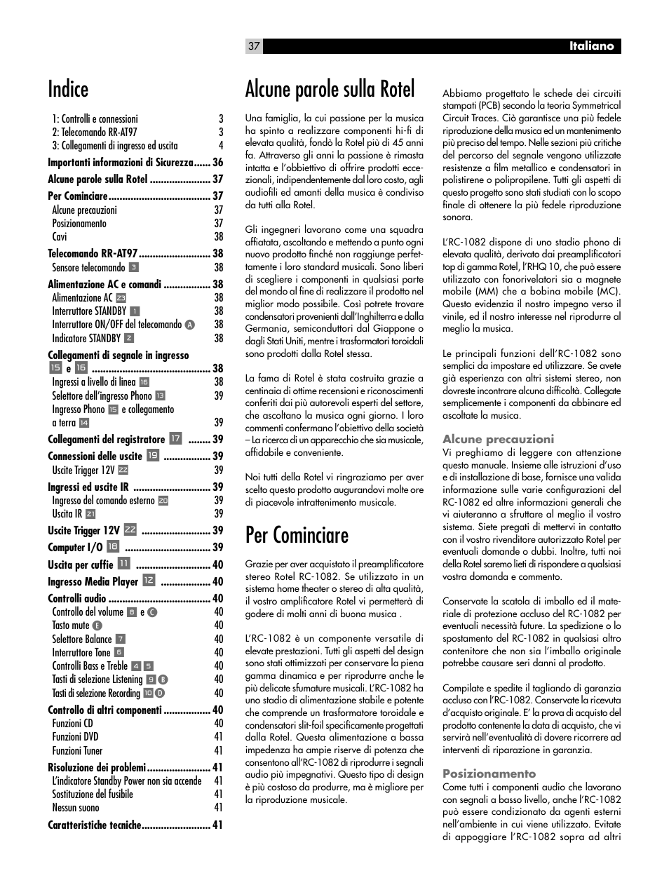 Alcune parole sulla rotel, Per cominciare, Alcune precauzioni | Posizionamento, Indice | ROTEL RC-1082 User Manual | Page 37 / 55