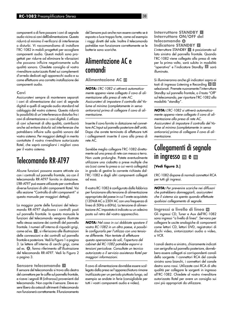 Cavi, Telecomando rr-at97, Sensore telecomando 3 | Alimentazione ac e comandi, Alimentazione ac, Interruttore standby 1, Interruttore on/off del telecomando a, Indicatore standby 2, Collegamenti di segnale in ingresso e e r, Ingressi a livello di linea r | ROTEL RC-1082 User Manual | Page 38 / 55