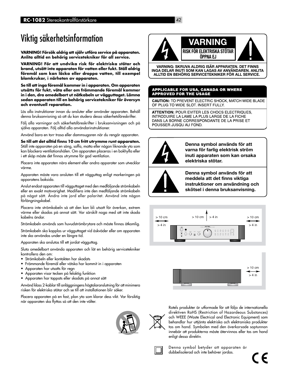 Viktig säkerhetsinformation, Varning, Risk för elektriska stötar öppna ej | ROTEL RC-1082 User Manual | Page 42 / 55