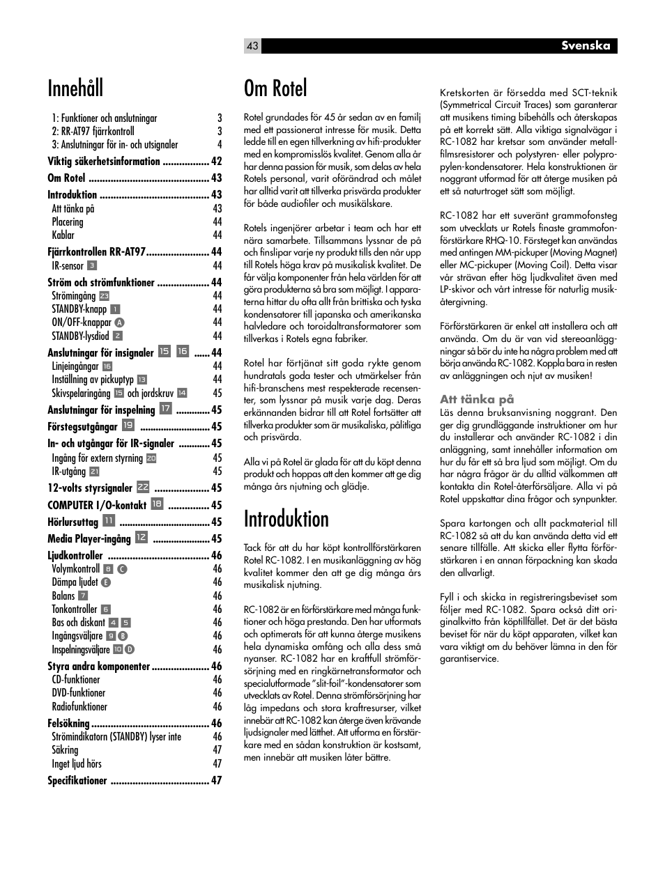 Om rotel, Introduktion, Att tänka på | Innehåll | ROTEL RC-1082 User Manual | Page 43 / 55