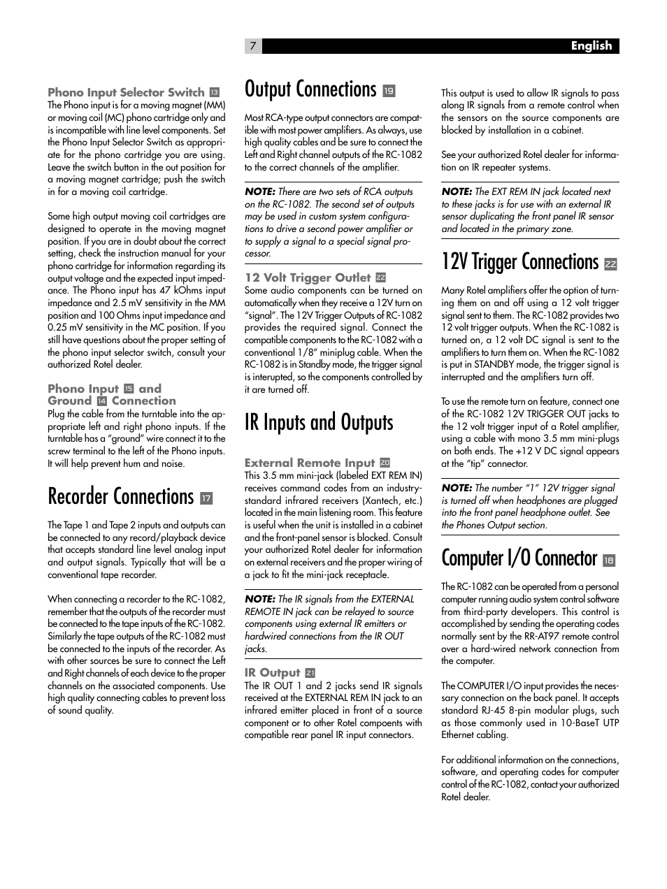 Phono input selector switch q, Phono input e and ground w connection, Recorder connections t | Output connections u, 12 volt trigger outlet p, Ir inputs and outputs, External remote input i, Ir output o, 12v trigger connections p, Computer i/o connector y | ROTEL RC-1082 User Manual | Page 7 / 55