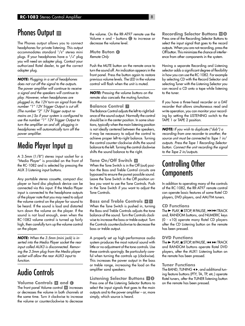 Phones output, Media player input, Audio controls | Volume controls 8 and c, Mute buton e, Balance control 7, Tone on/off switch 6, Bass and treble controls 45, Listening selector buttons 9b, Recording selector buttons 0d | ROTEL RC-1082 User Manual | Page 8 / 55