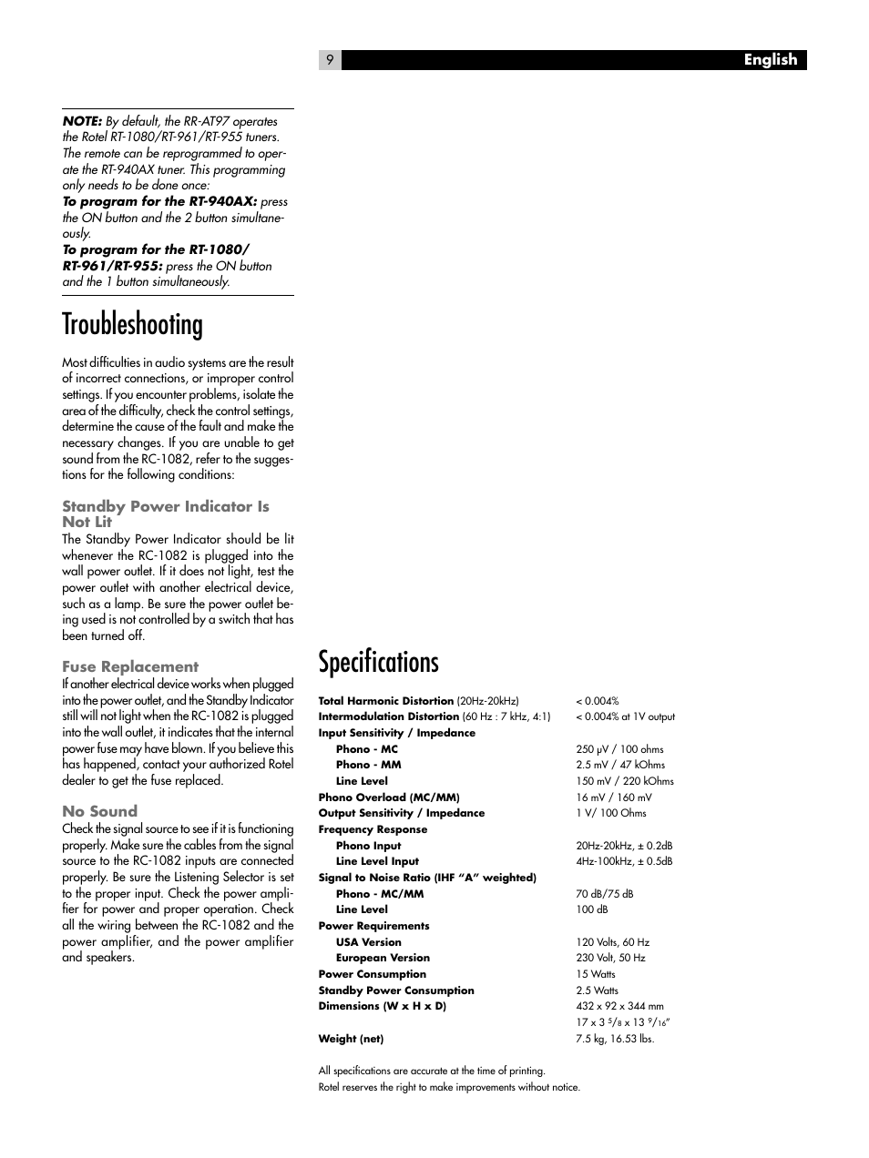 Troubleshooting, Standby power indicator is not lit, Fuse replacement | No sound, Specifications, Speciﬁcations, English | ROTEL RC-1082 User Manual | Page 9 / 55