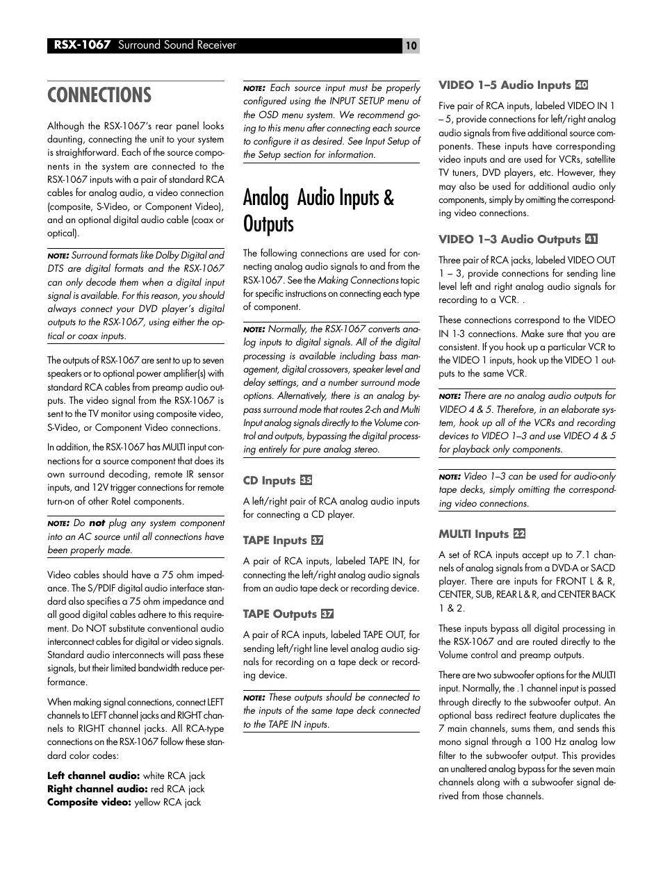 Connections, Analog audio inputs & outputs, Cd inputs | Tape inputs, Tape outputs, Video 1-5 audio inputs, Video 1-3 audio outputs, Multi inputs, Video 1–5 audio inputs, Video 1–3 audio outputs | ROTEL 7.1 Surround Sound Receiver RSX-1067 User Manual | Page 10 / 41