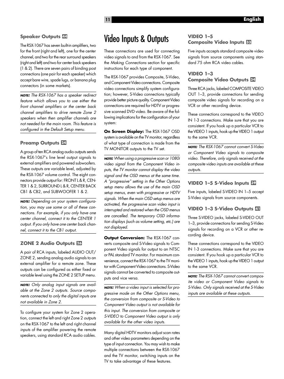 Speaker outputs, Preamp outputs, Zone 2 audio outputs | Video inputs & outputs, Video 1-5 composite video inputs, Video 1-3 composite video outputs, Video 1-5 s-video inputs, Video 1-3 s-video outputs, Video 1–5 composite video inputs, Video 1–3 composite video outputs | ROTEL 7.1 Surround Sound Receiver RSX-1067 User Manual | Page 11 / 41