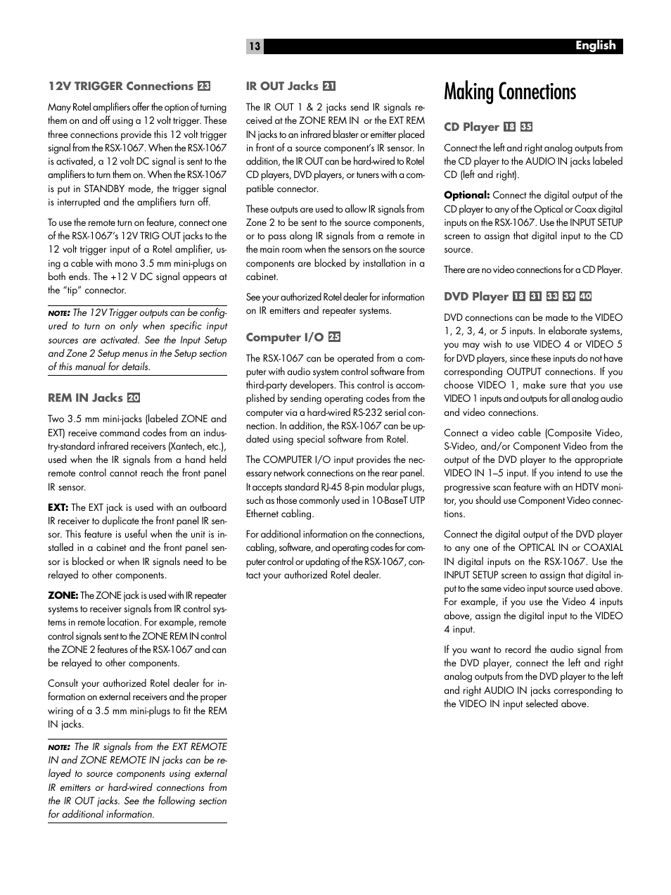12v trigger connections, Rem in jacks, Ir out jacks | Computer i/o, Making connections, Cd player, Dvd player | ROTEL 7.1 Surround Sound Receiver RSX-1067 User Manual | Page 13 / 41