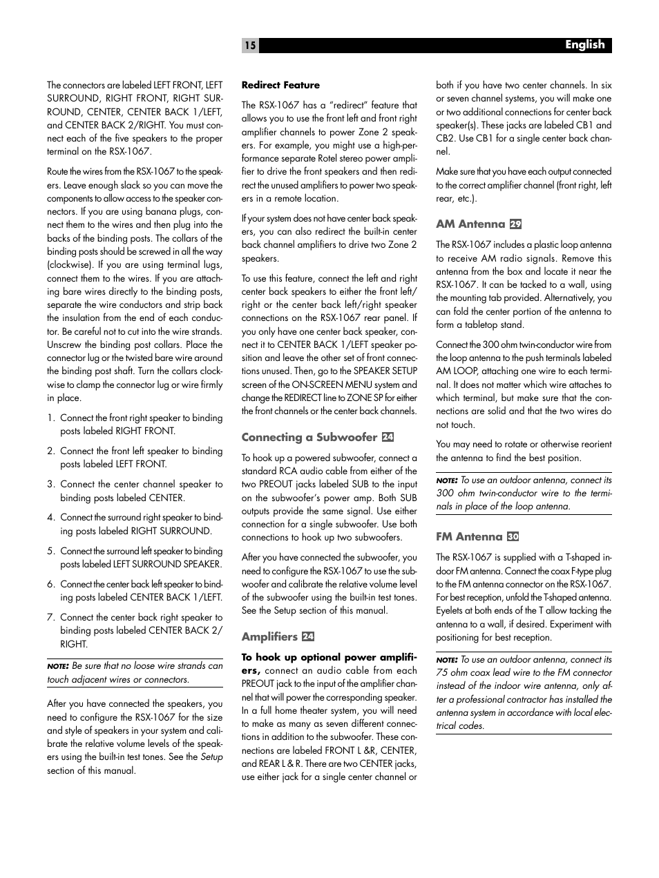 Connecting a subwoofer, Amplifiers, Am antenna | Fm antenna | ROTEL 7.1 Surround Sound Receiver RSX-1067 User Manual | Page 15 / 41