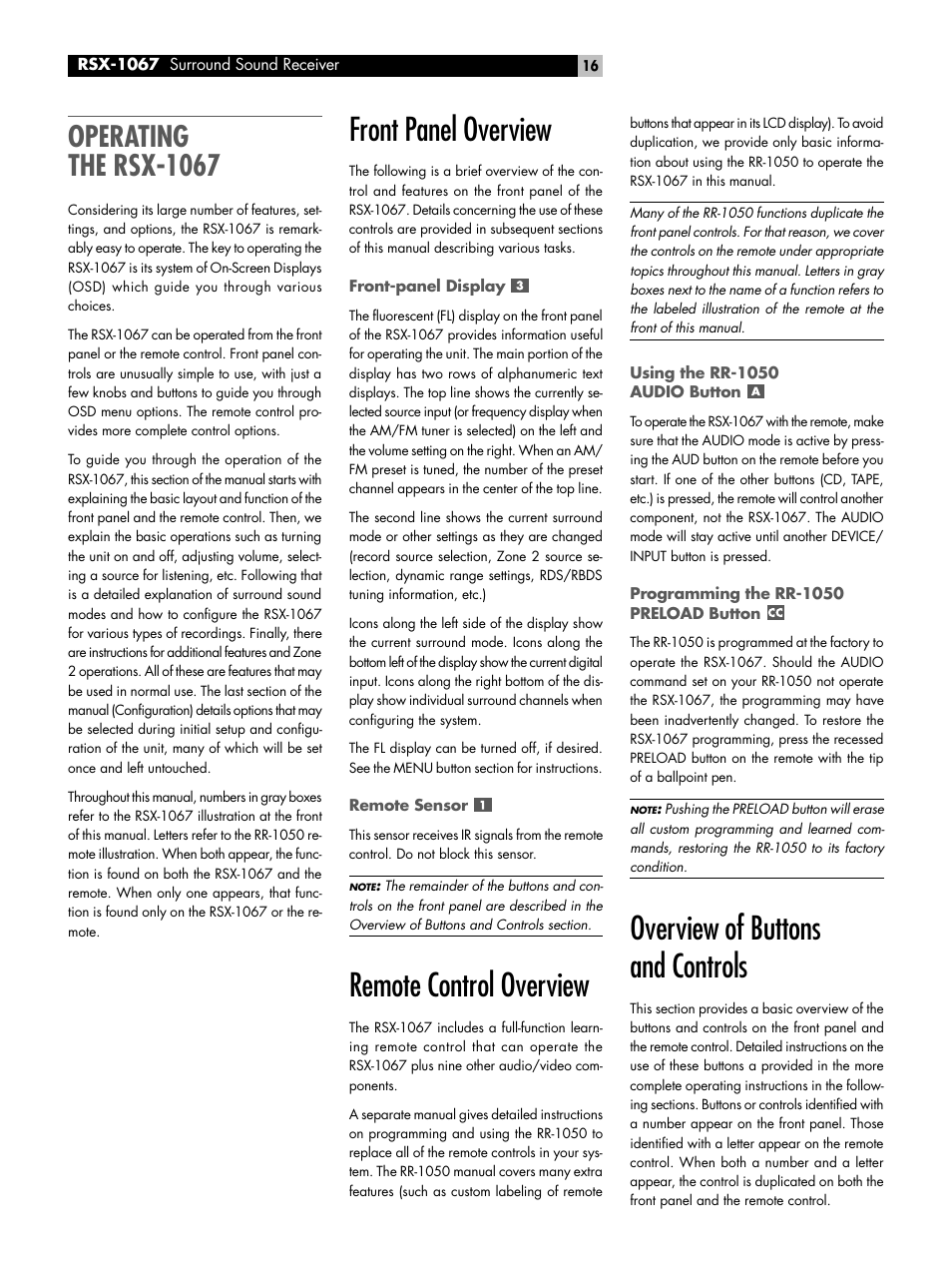 Operating the rsx-1067, Front panel overview, Front-panel display | Remote sensor, Remote control overview, Using the rr-1050 audio button, Programming the rr-1050 preload button, Overview of buttons and controls | ROTEL 7.1 Surround Sound Receiver RSX-1067 User Manual | Page 16 / 41