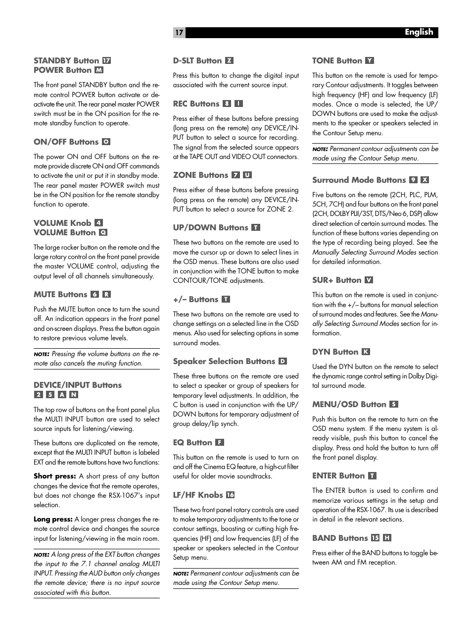 Standby button power button, On/off buttons, Volume knob volume button | Mute buttons, Device/input buttons, D-slt button, Rec buttons, Zone buttons, Up/down buttons, Buttons | ROTEL 7.1 Surround Sound Receiver RSX-1067 User Manual | Page 17 / 41