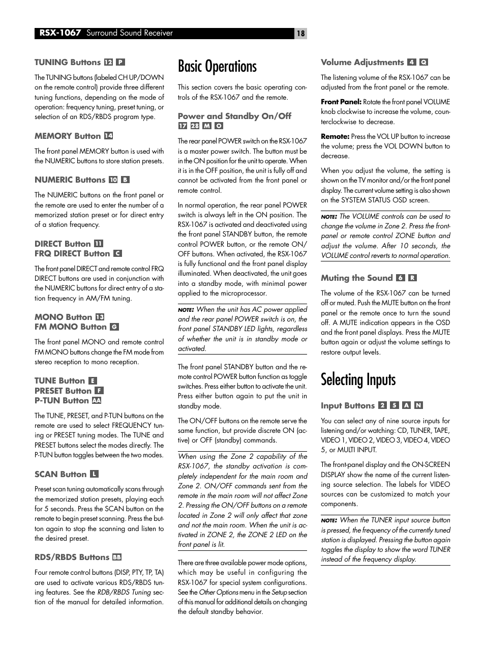 Tuning buttons, Memory button, Numeric buttons | Direct button frq direct button, Mono button fm mono button, Tune button preset button p-tun button, Scan button, Rds/rbds buttons, Basic operations, Power and standby on/off | ROTEL 7.1 Surround Sound Receiver RSX-1067 User Manual | Page 18 / 41