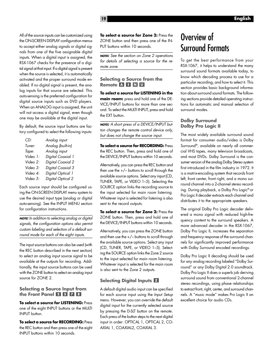 Selecting a source input from the front panel, Selecting a source from the remote, Selecting digital inputs | Overview of surround formats, Dolby surround dolby pro logic ii | ROTEL 7.1 Surround Sound Receiver RSX-1067 User Manual | Page 19 / 41