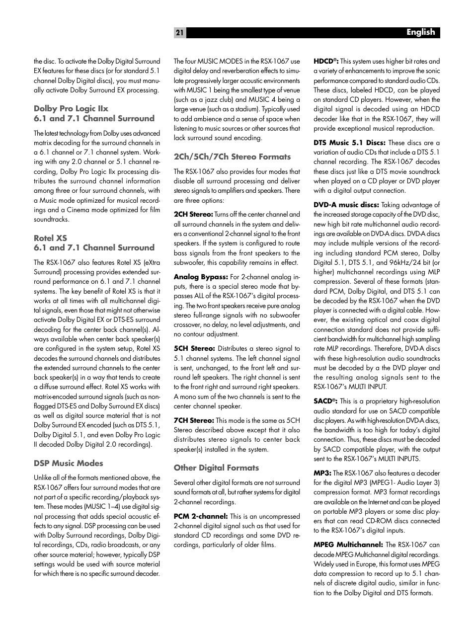 Dolby pro logic iix 6.1 and 7.1 channel surround, Rotel xs 6.1 and 7.1 channel surround, Dsp music modes | 2ch/5ch/7ch stereo formats, Other digital formats | ROTEL 7.1 Surround Sound Receiver RSX-1067 User Manual | Page 21 / 41