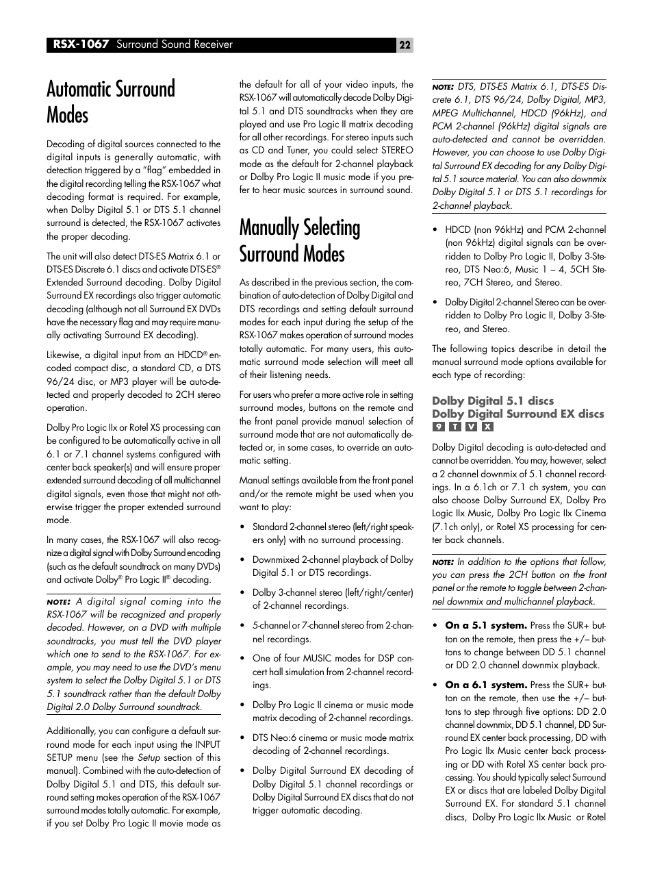 Automatic surround modes, Manually selecting surround modes | ROTEL 7.1 Surround Sound Receiver RSX-1067 User Manual | Page 22 / 41