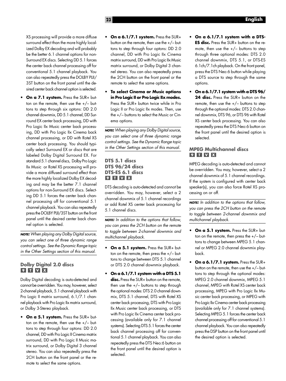 Dolby digital 2.0 discs, Dts 5.1 discs dts 96/24 discs dts-es 6.1 discs, Mpeg multichannel discs | ROTEL 7.1 Surround Sound Receiver RSX-1067 User Manual | Page 23 / 41