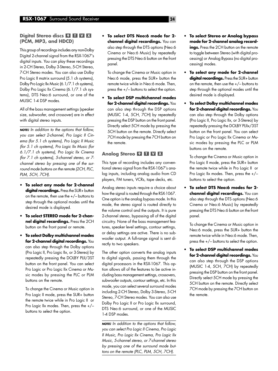 Digital stereo discs (pcm, mp3, and hdcd), Analog stereo, Digital stereo discs | Pcm, mp3, and hdcd) | ROTEL 7.1 Surround Sound Receiver RSX-1067 User Manual | Page 24 / 41