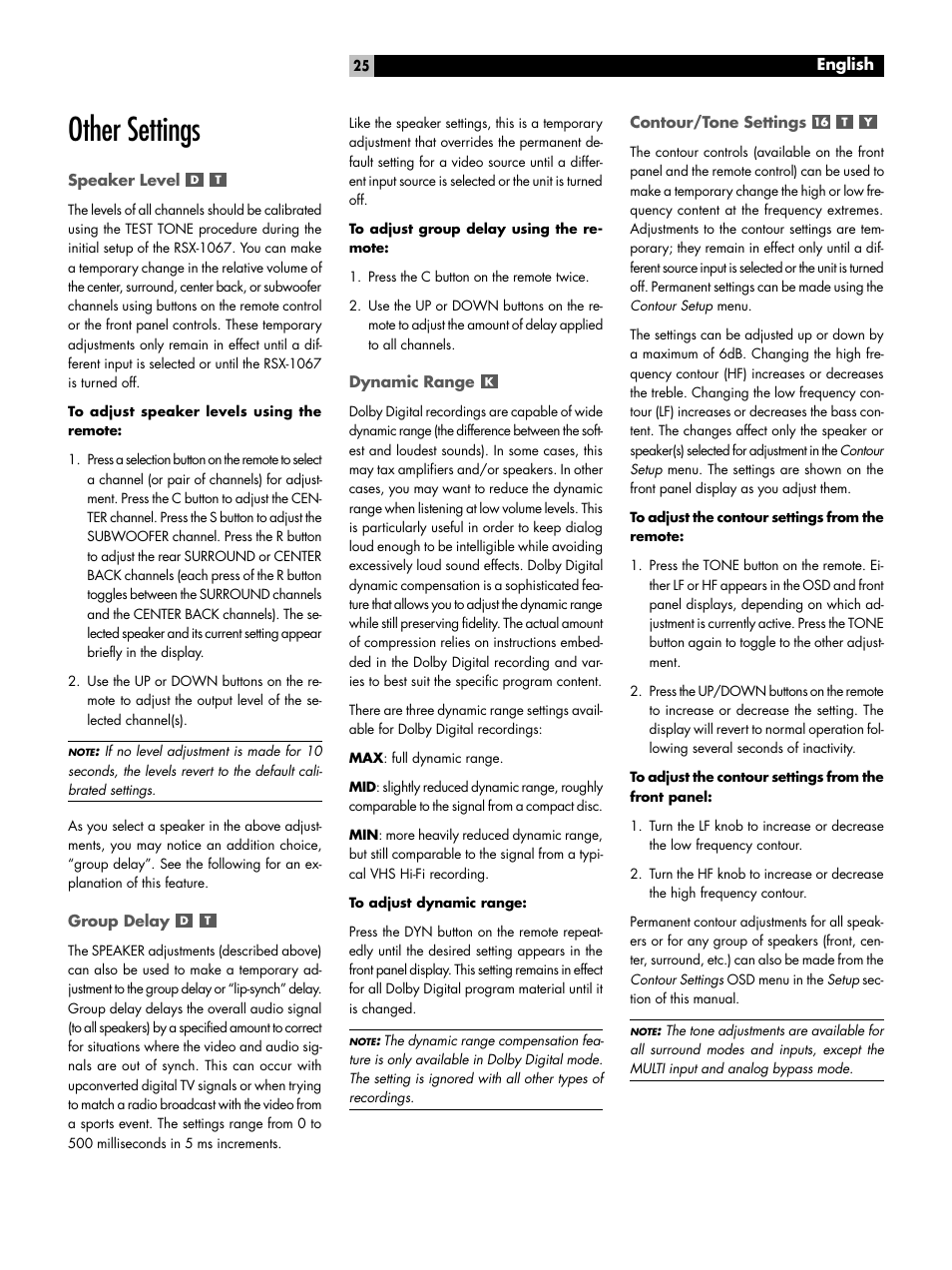 Other settings, Speaker level, Group delay | Dynamic range, Contour/tone settings | ROTEL 7.1 Surround Sound Receiver RSX-1067 User Manual | Page 25 / 41