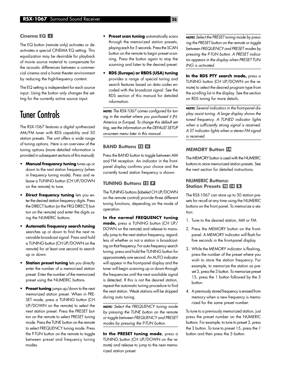 Cinema eq, Tuner controls, Band buttons | Tuning buttons, Memory button, Numeric buttons: station presets | ROTEL 7.1 Surround Sound Receiver RSX-1067 User Manual | Page 26 / 41