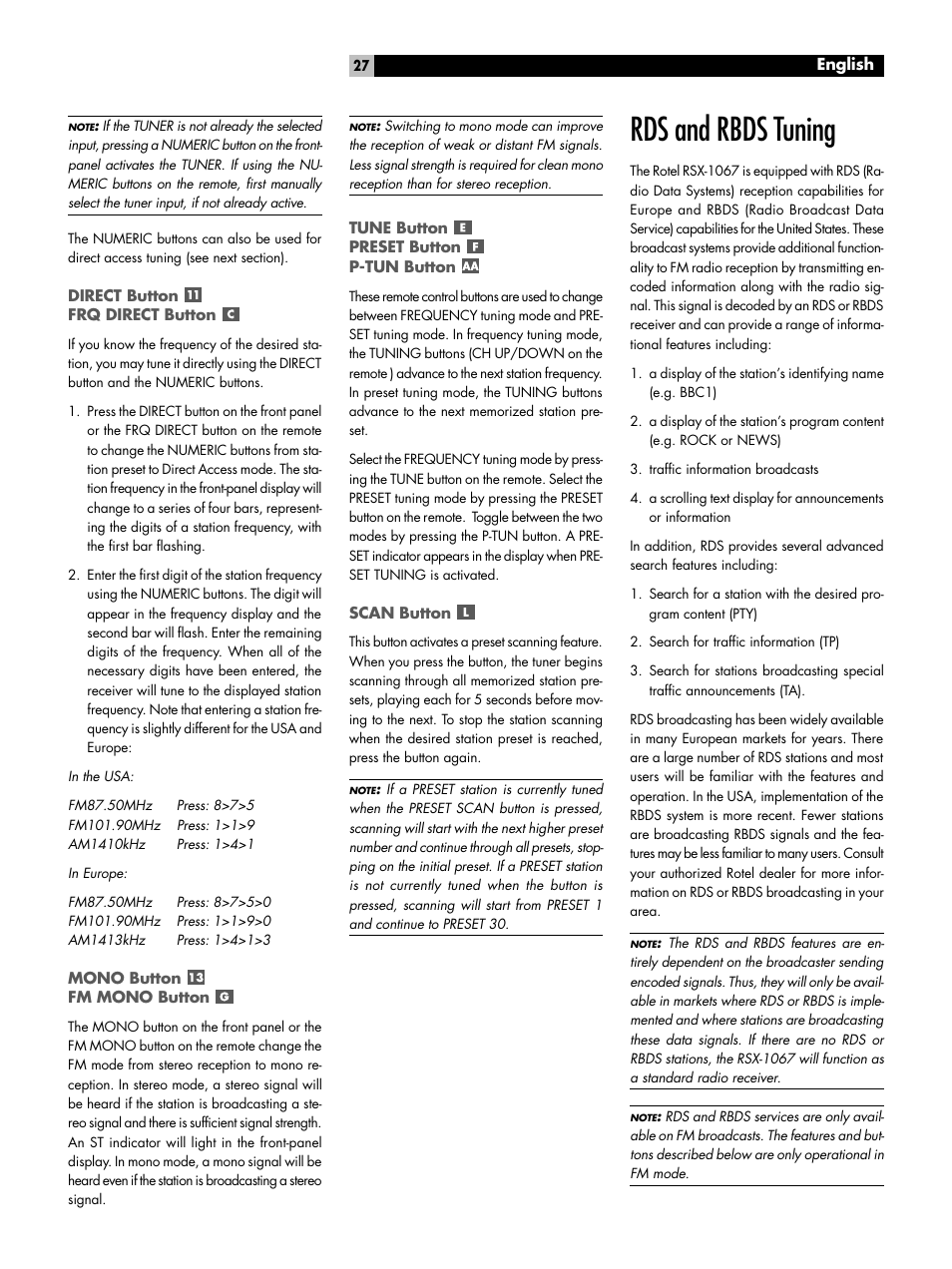 Direct button frq direct button, Mono button fm mono button, Tune button preset button p-tun button | Scan button, Rds and rbds tuning | ROTEL 7.1 Surround Sound Receiver RSX-1067 User Manual | Page 27 / 41