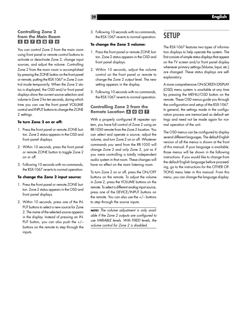 Controlling zone 2 from the main room, Controlling zone 2 from the remote location, Setup | ROTEL 7.1 Surround Sound Receiver RSX-1067 User Manual | Page 29 / 41