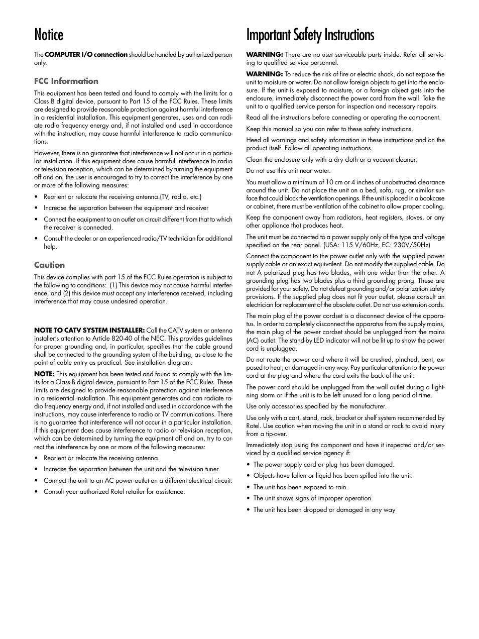 Important safety instructions, Notice | ROTEL 7.1 Surround Sound Receiver RSX-1067 User Manual | Page 3 / 41