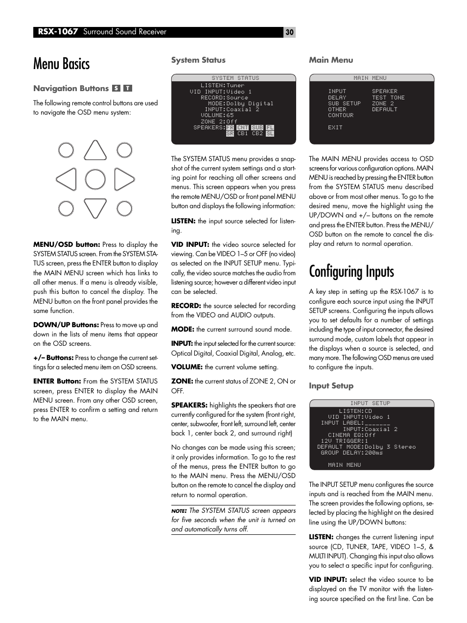 Menu basics, Navigation buttons, System status | Main menu, Configuring inputs, Input setup, Sr c m | ROTEL 7.1 Surround Sound Receiver RSX-1067 User Manual | Page 30 / 41