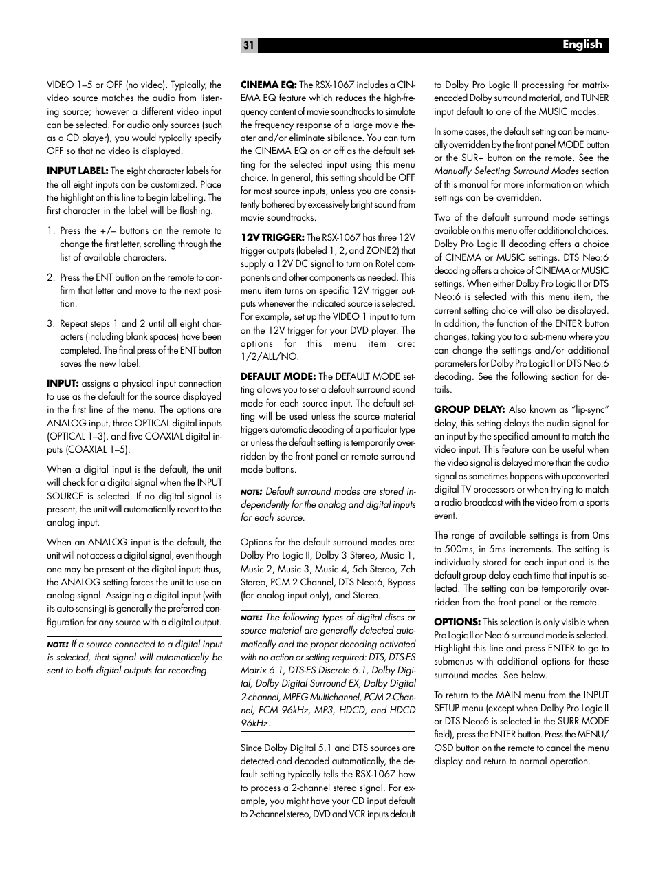 ROTEL 7.1 Surround Sound Receiver RSX-1067 User Manual | Page 31 / 41