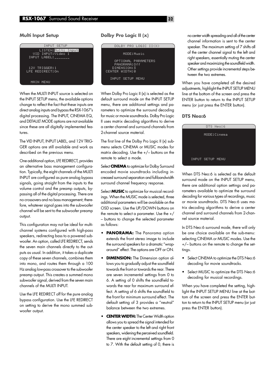 Multi input setup, Dolby pro logic ii (x), Dts neo:6 | ROTEL 7.1 Surround Sound Receiver RSX-1067 User Manual | Page 32 / 41