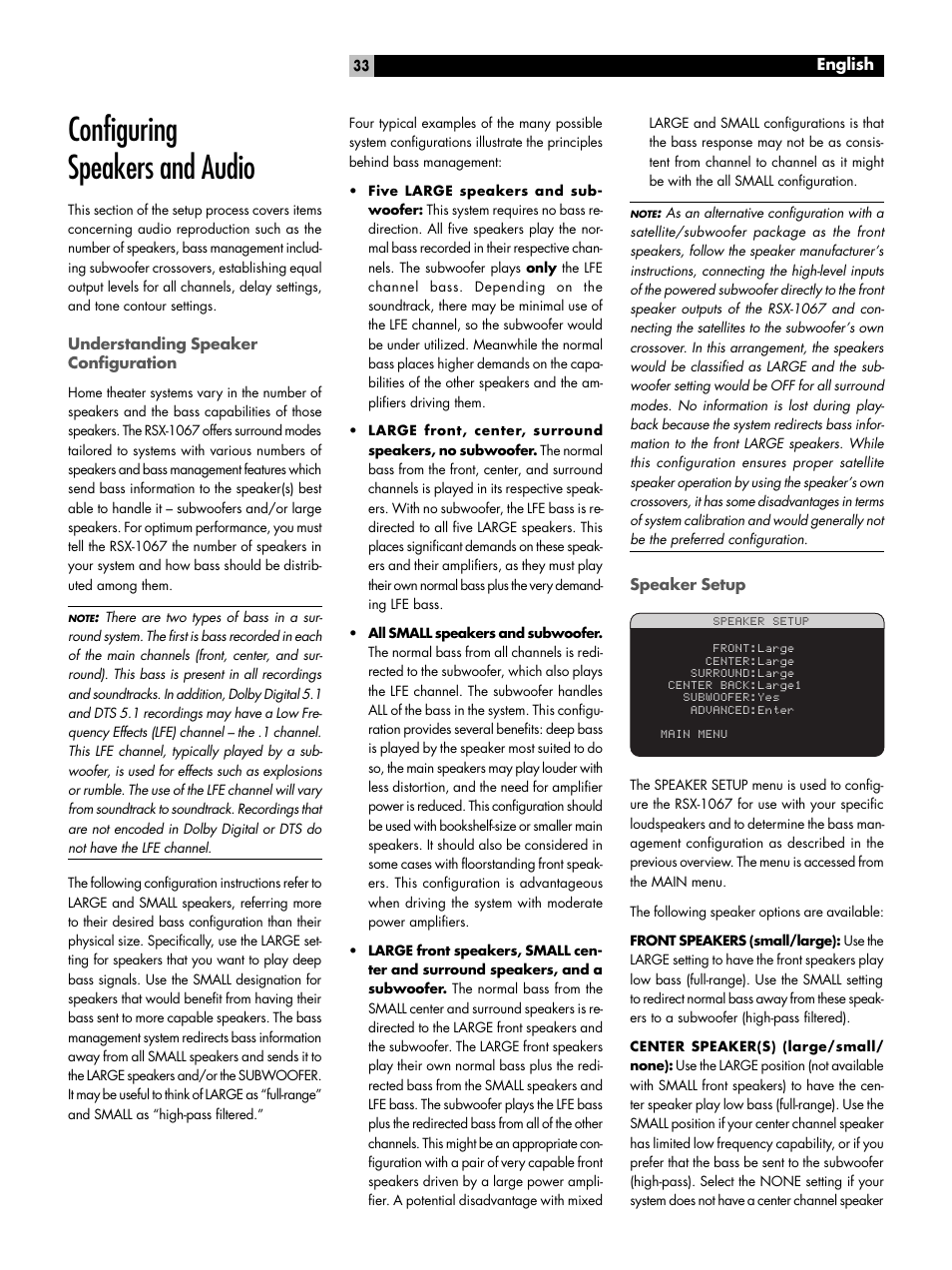 Configuring speakers and audio, Understanding speaker configuration, Speaker setup | ROTEL 7.1 Surround Sound Receiver RSX-1067 User Manual | Page 33 / 41