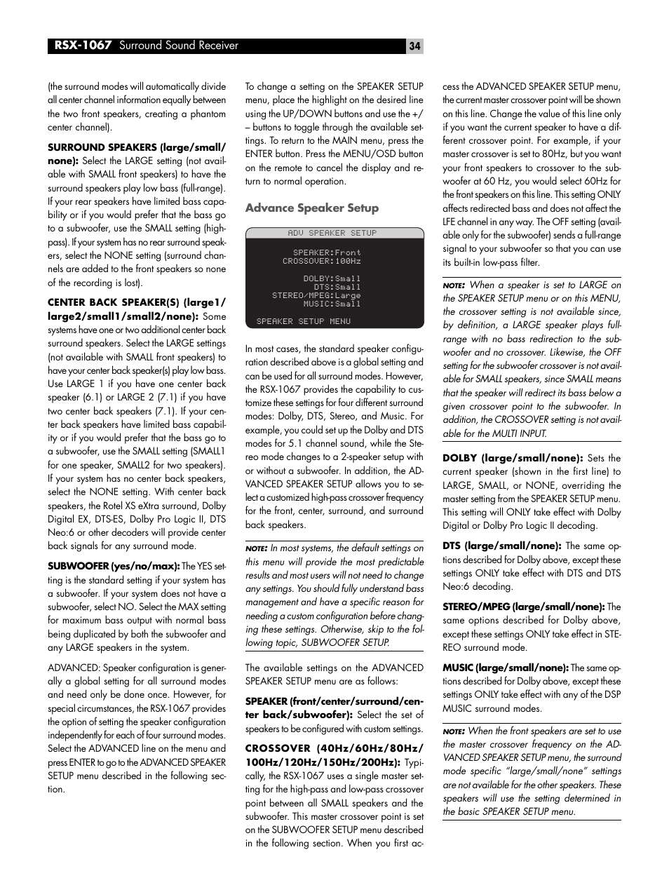 Advance speaker setup | ROTEL 7.1 Surround Sound Receiver RSX-1067 User Manual | Page 34 / 41