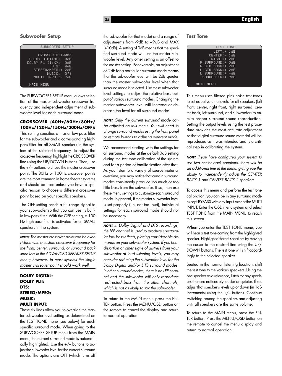 Subwoofer setup, Test tone, English | ROTEL 7.1 Surround Sound Receiver RSX-1067 User Manual | Page 35 / 41