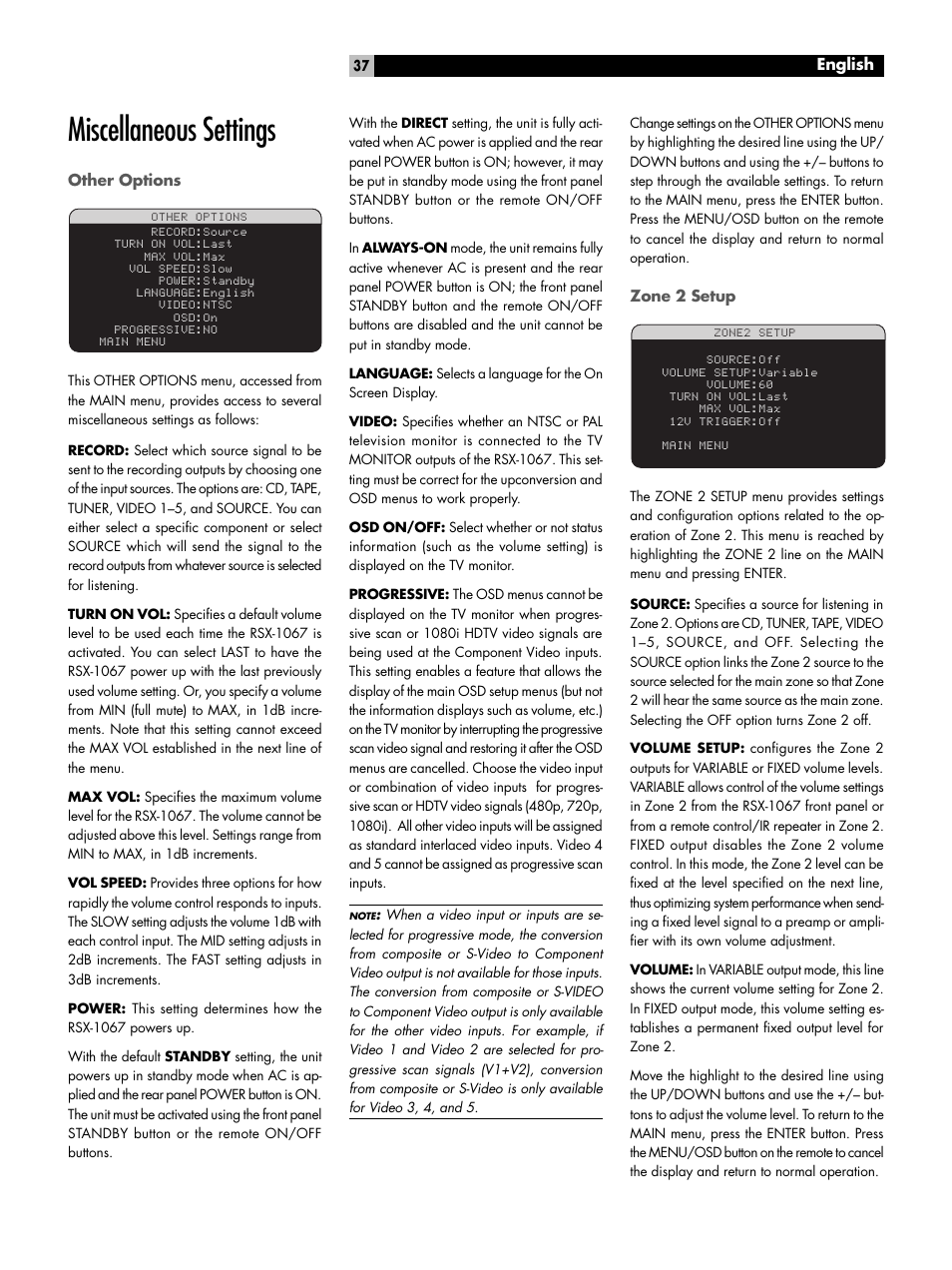 Miscellaneous settings, Other options, Zone 2 setup | ROTEL 7.1 Surround Sound Receiver RSX-1067 User Manual | Page 37 / 41