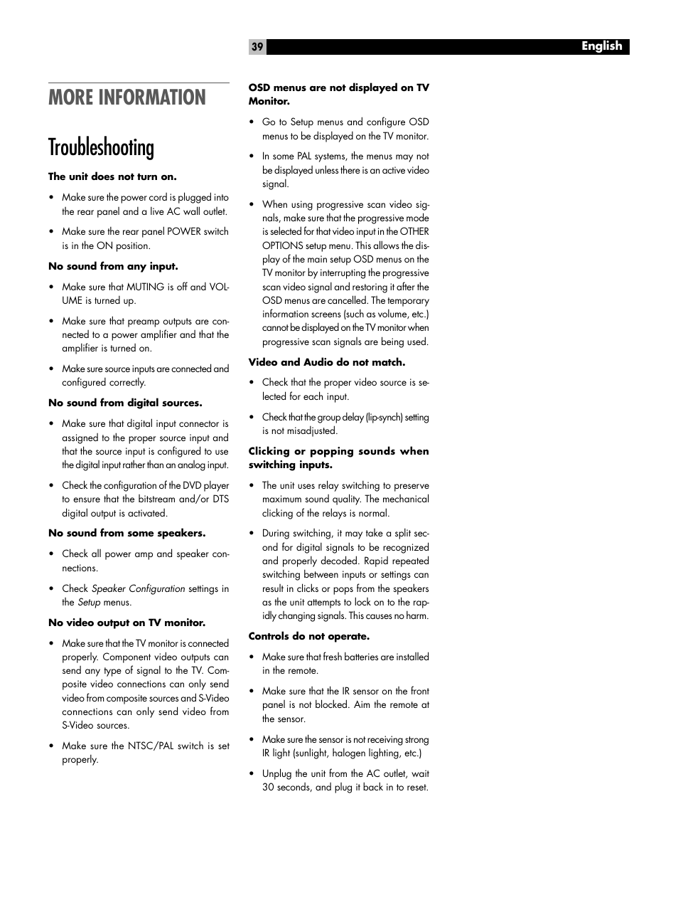 More information, Troubleshooting | ROTEL 7.1 Surround Sound Receiver RSX-1067 User Manual | Page 39 / 41