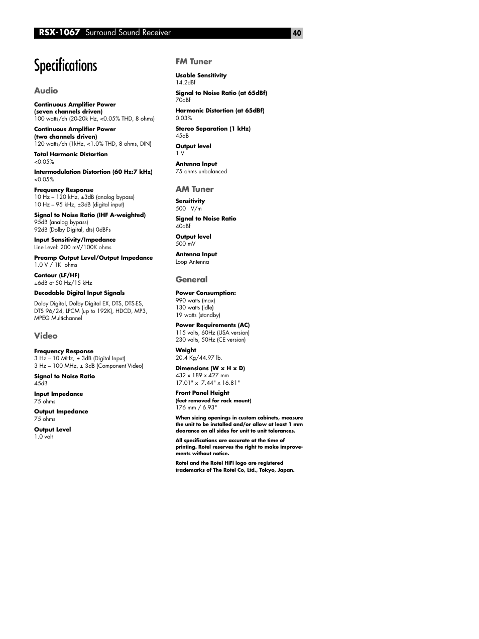 Specifications, Audio, Video | Fm tuner, Am tuner, General, Rsx-1067 surround sound receiver | ROTEL 7.1 Surround Sound Receiver RSX-1067 User Manual | Page 40 / 41