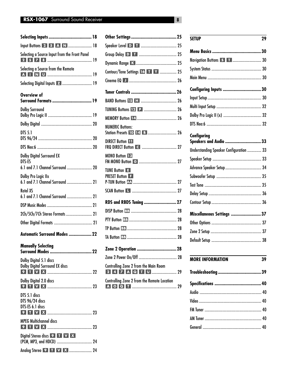 ROTEL 7.1 Surround Sound Receiver RSX-1067 User Manual | Page 8 / 41